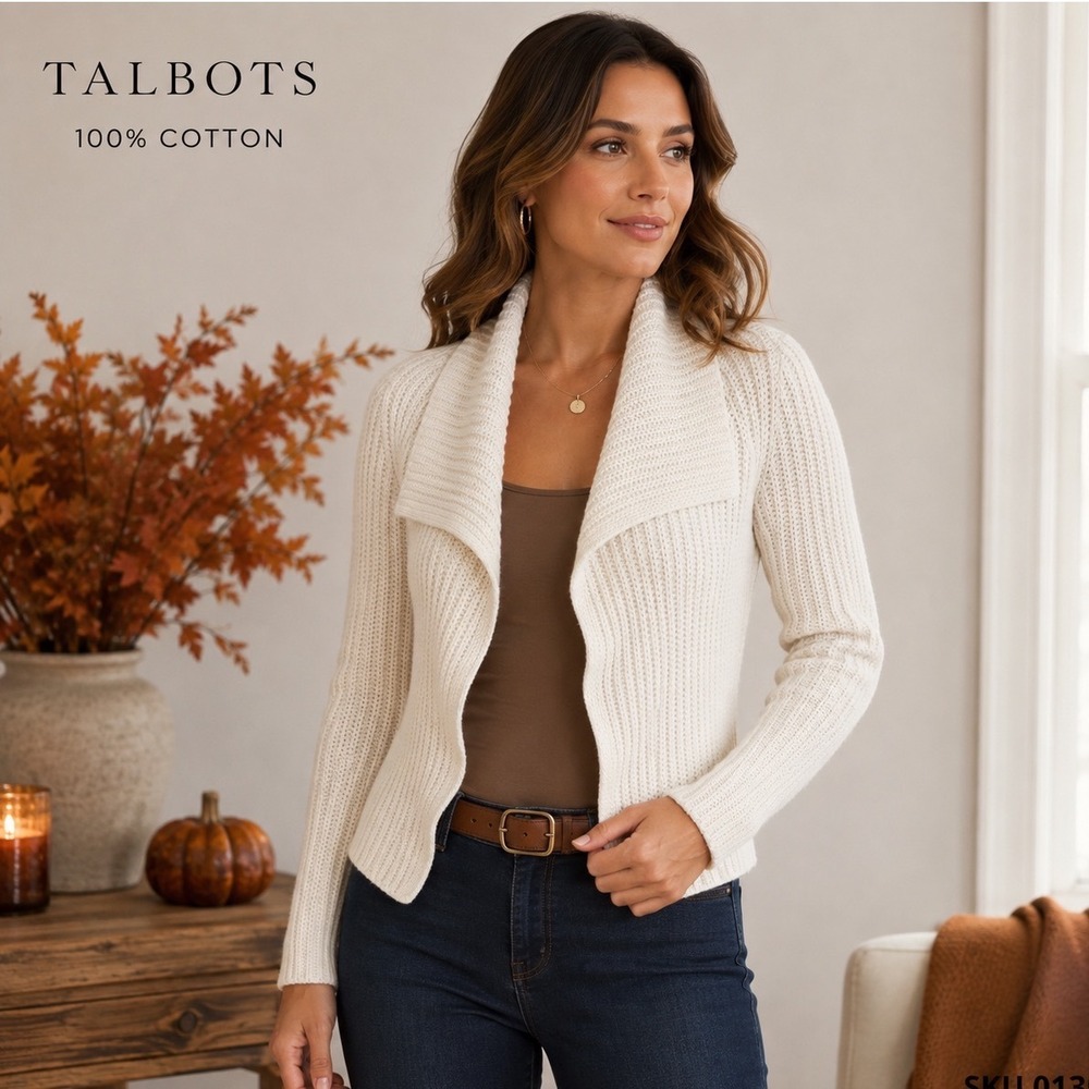 Talbots Petites‎ White Knit Shawl Collar Cardigan Sweater Size MP